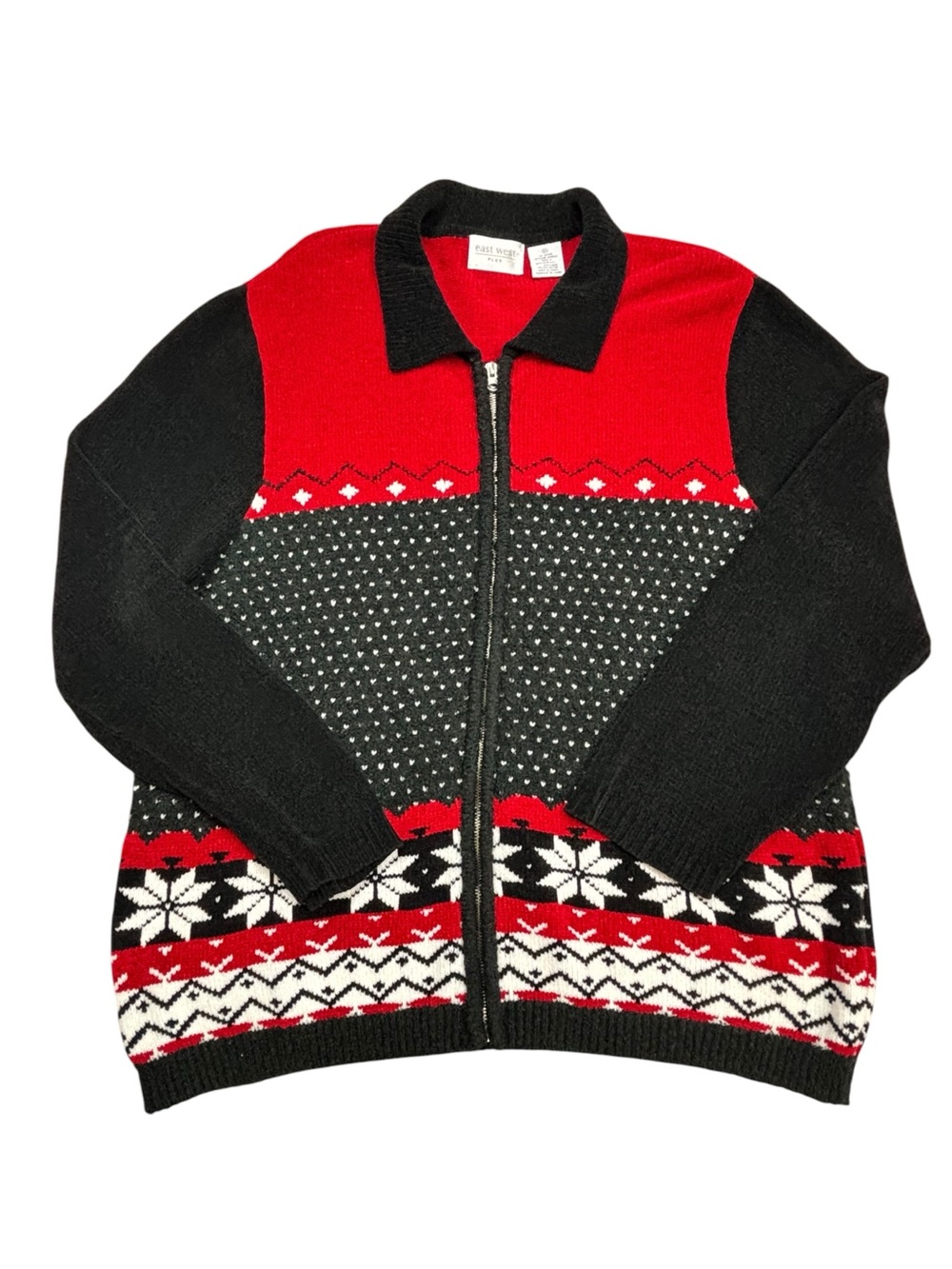 East West Soft Knit Fair Isle Snowflake Holiday Full Zip Collared Cardigan 2X
